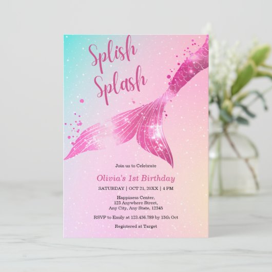 Splish Splash Zeemeermin Baby Meisje 1e verjaardag Kaart (Staand voorkant)