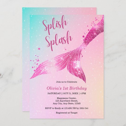 Splish Splash Zeemeermin Baby Meisje 1e verjaardag Kaart (Voorkant / Achterkant)