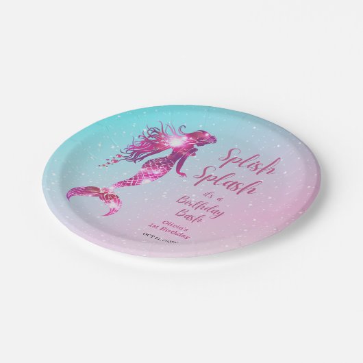Splish Splash Zeemeermin Baby Meisje 1e verjaardag Papieren Bordje (Gekanteld)
