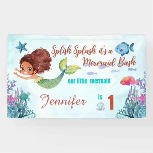 Splish Splash Zeemeermin Bash Meisjes 1e Verjaarda Spandoek (Horizontaal)