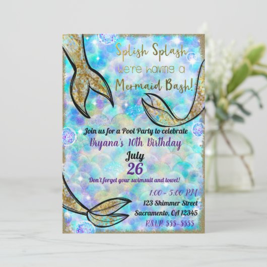 Splish Splash Zeemeermin Bash Pool Party Verjaarda Kaart (Staand voorkant)