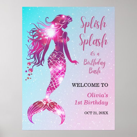 Splish Splash Zeemeermin Meisje 1e Verjaardag Welk Poster (Voorkant)