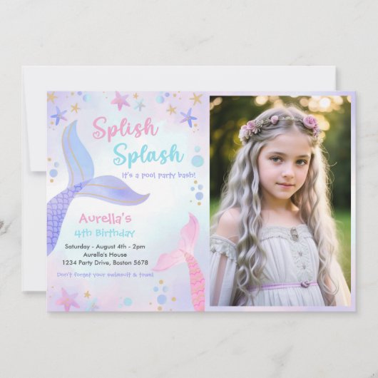 Splish Splash Zeemeermin Meisje 4e Verjaardag Foto Kaart (Voorkant)