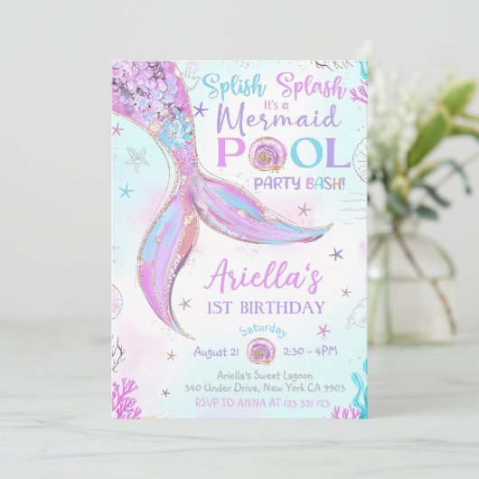 Splish Splash Zeemeermin Pool Party Invitation Gir Kaart (Staand voorkant)