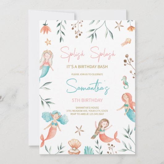 'Splish Splash' Zeemeermin Uitnodiging voor verjaa (Voorkant)