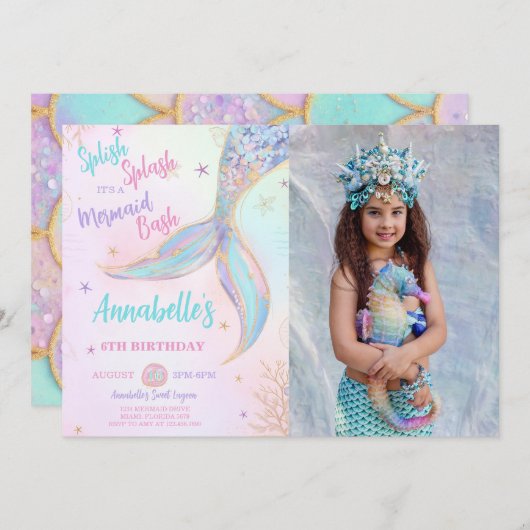 Splish Splash Zeemeermin Verjaardag Foto uitnodigi Kaart (Voorkant / Achterkant)
