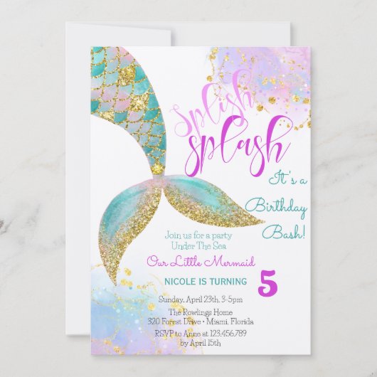 Splish splash zeemeermin verjaardags bash kaart (Voorkant)