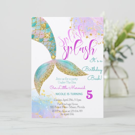 Splish splash zeemeermin verjaardags bash kaart (Staand voorkant)