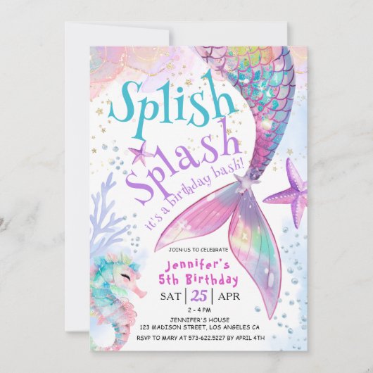 Splish Splash Zeemeermin verjaardagsfeestje uitnod Kaart (Voorkant)
