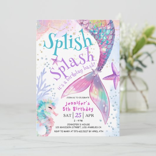 Splish Splash Zeemeermin verjaardagsfeestje uitnod Kaart (Staand voorkant)