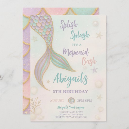 splish splash zeemeermin verjaardagsuitnodiging kaart (Voorkant / Achterkant)