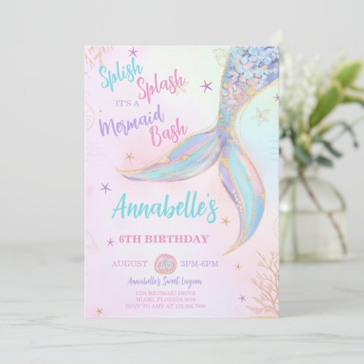splish splash zeemeermin verjaardagsuitnodiging kaart (Staand voorkant)