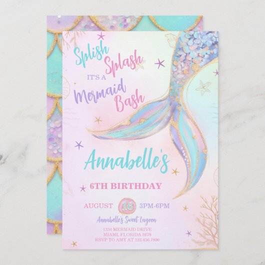 splish splash zeemeermin verjaardagsuitnodiging kaart (Voorkant / Achterkant)