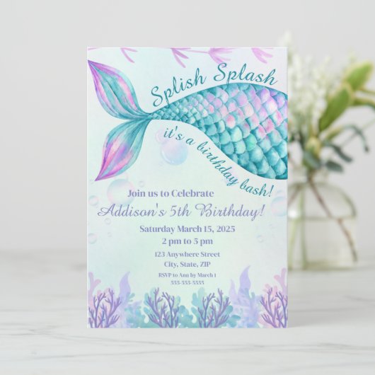 splish splash zeemeermin verjaardagsuitnodiging kaart (Staand voorkant)