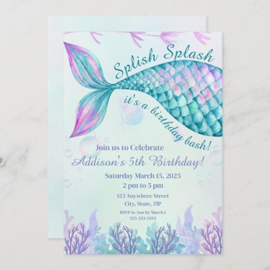 splish splash zeemeermin verjaardagsuitnodiging kaart (Voorkant / Achterkant)