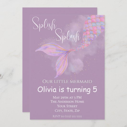 splish splash zeemeermin verjaardagsuitnodiging kaart (Voorkant / Achterkant)