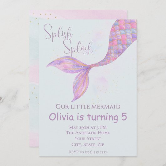 splish splash zeemeermin verjaardagsuitnodiging kaart (Voorkant / Achterkant)