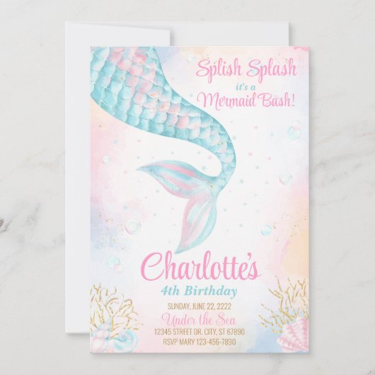 splish splash zeemeermin verjaardagsuitnodiging kaart (Voorkant)