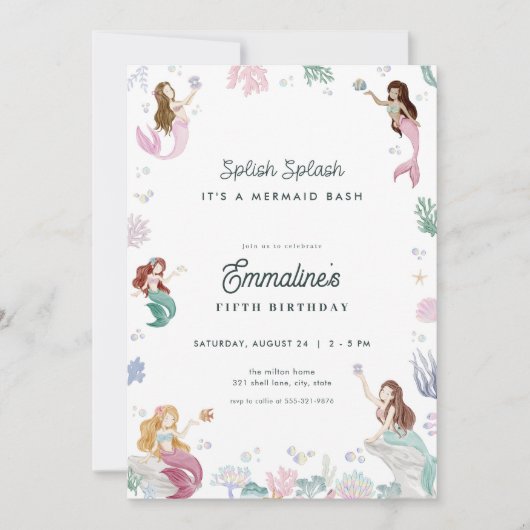 splish splash zeemeermin verjaardagsuitnodiging kaart (Voorkant)