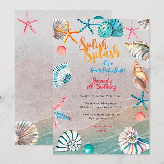 Splish splash zomer strand verjaardagsfeest kaart (Voorkant / Achterkant)