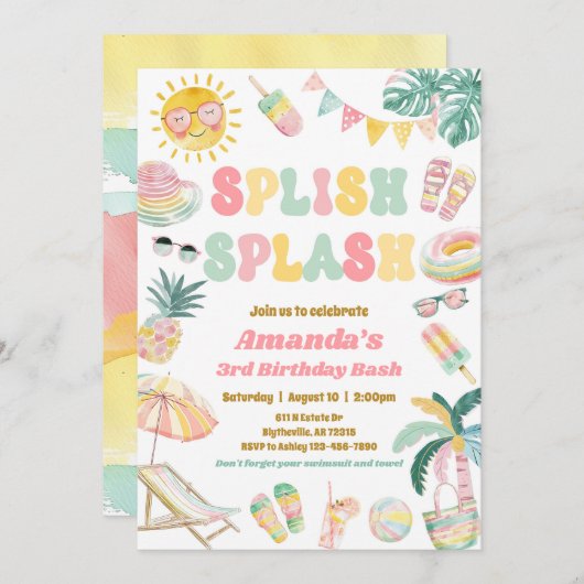 splish splash zwembad feest verjaardagsuitnodiging kaart (Voorkant / Achterkant)