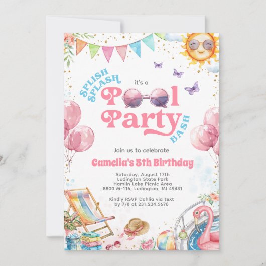 splish splash zwembad feest verjaardagsuitnodiging kaart (Voorkant)