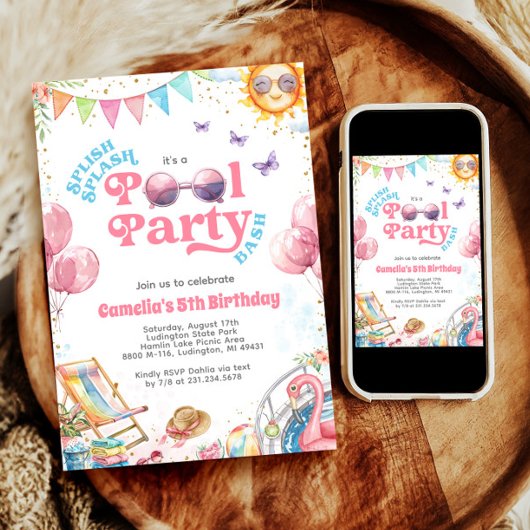 splish splash zwembad feest verjaardagsuitnodiging kaart