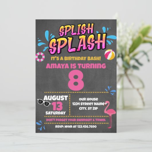 splish splash zwembad feest verjaardagsuitnodiging kaart (Staand voorkant)