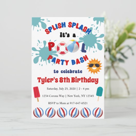 splish splash zwembad verjaardagsfeest uitnodiging (Staand voorkant)