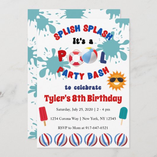 splish splash zwembad verjaardagsfeest uitnodiging (Voorkant / Achterkant)