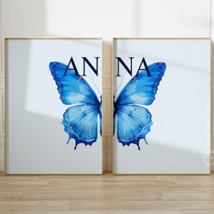 Split Butterfly Custom Naam Wall Art Blue Set van 