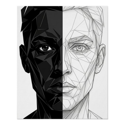 Split Face Low Poly Geometric Line Art Poster (Voorkant)
