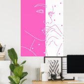 Split Gezicht Roze en Witte Polka Dot Line Art Poster (Thuiskantoor)