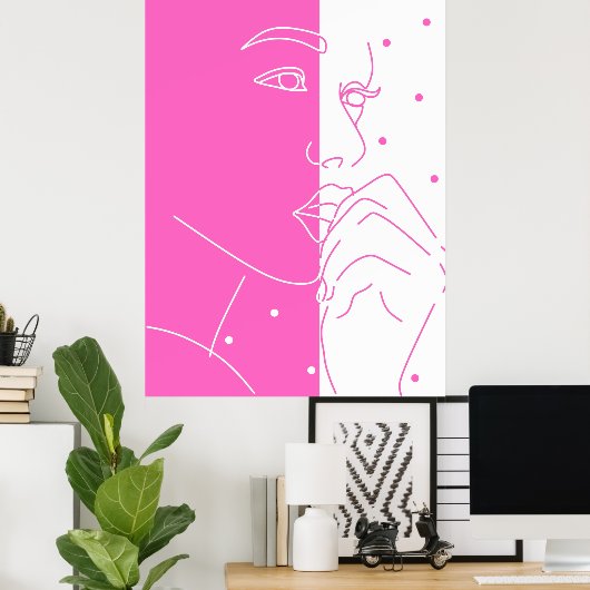 Split Gezicht Roze en Witte Polka Dot Line Art Poster (Thuiskantoor)