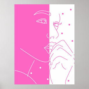 Split Gezicht Roze en Witte Polka Dot Line Art Poster