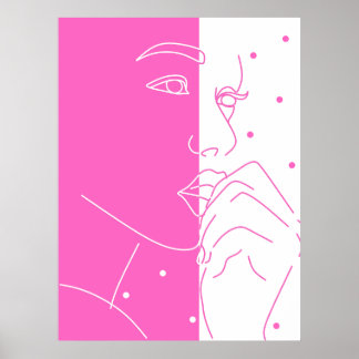 Split Gezicht Roze en Witte Polka Dot Line Art Poster
