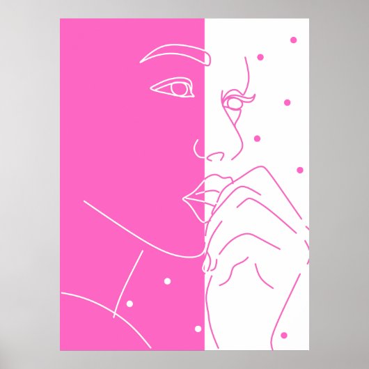 Split Gezicht Roze en Witte Polka Dot Line Art Poster (Voorkant)