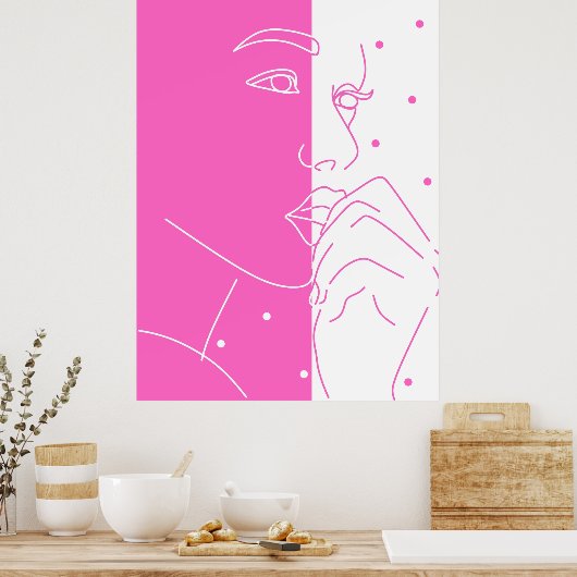 Split Gezicht Roze en Witte Polka Dot Line Art Poster (Keuken)