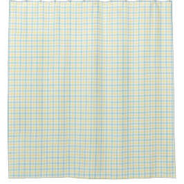 Split image showing a pastel plaid shower curtain douchegordijn