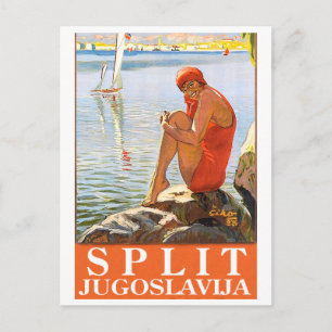 Split, Joegoslavië, meisje op de rots bij de zee Briefkaart