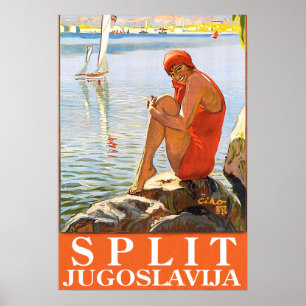 Split, Joegoslavië, meisje op de rots bij de zee Poster