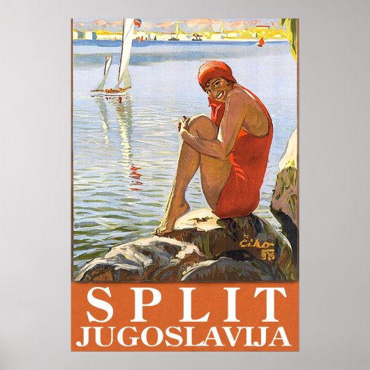 Split, Joegoslavië, meisje op de rots bij de zee Poster (Voorkant)
