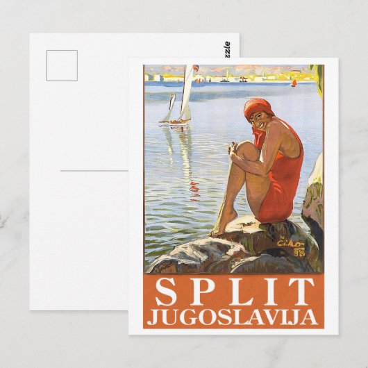 Split, Joegoslavië, meisje op de rots door het zee Briefkaart (Voorkant / Achterkant)