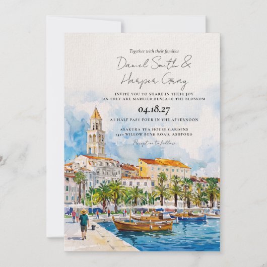 Split Kroatië Adriatische Waterverf Uitnodiging (Voorkant)