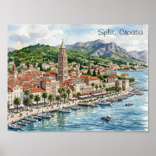 Split Kroatië Dalmatië Balkan Aquarel Kunst Uitzic Poster