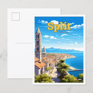 Split Kroatië Reizen Kunst Vintage Illustratie Briefkaart