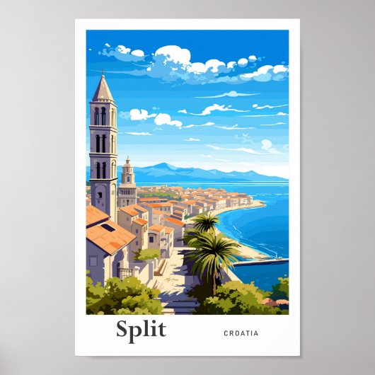 Split Kroatië Reizen Kunst Vintage Illustratie Poster (Voorkant)