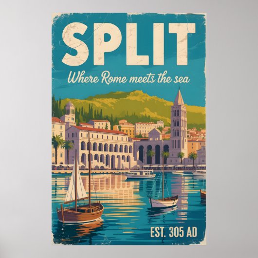 Split Kroatië Retro Stadslandschap Reizen Poster (Voorkant)