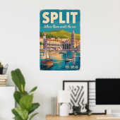 Split Kroatië Retro Stadslandschap Reizen Poster (Thuiskantoor)