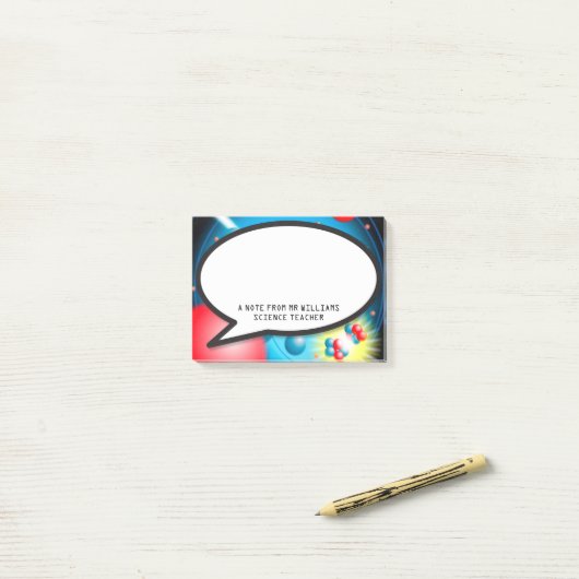 Splitsen van de atoom spraak bubble wetenschap ler post-it® notes (Op bureau)